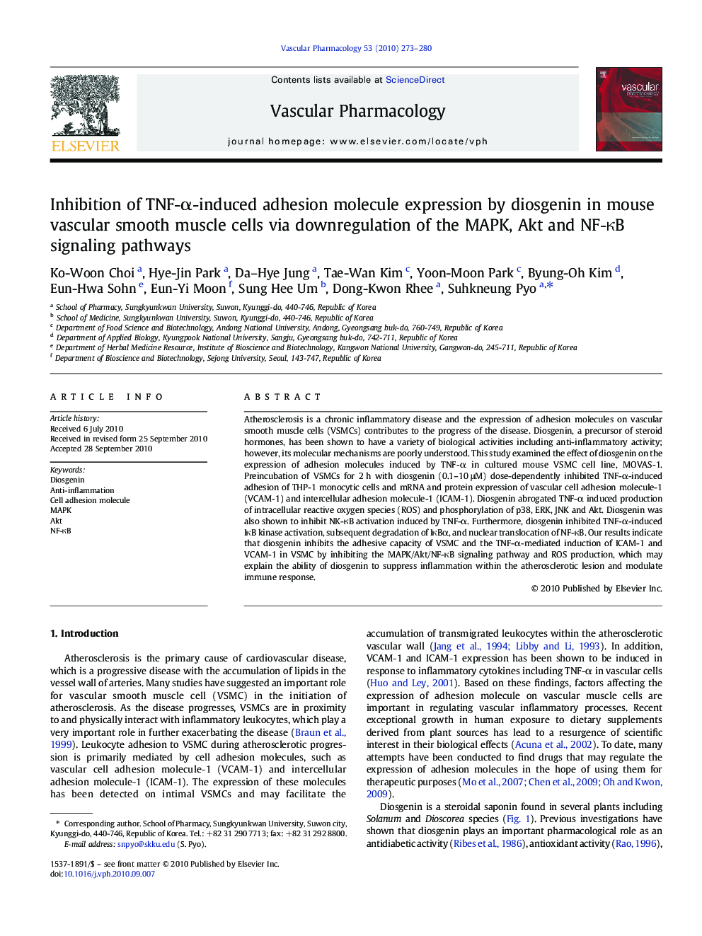 Inhibition of TNF-α-induced adhesion molecule expression by diosgenin in mouse vascular smooth muscle cells via downregulation of the MAPK, Akt and NF-κB signaling pathways