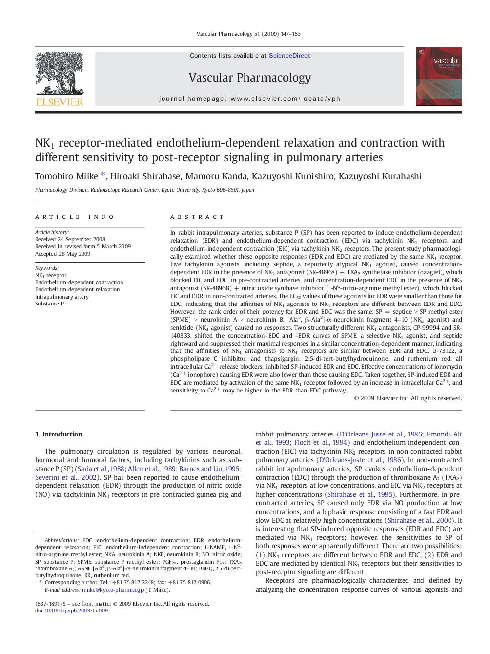 NK1 receptor-mediated endothelium-dependent relaxation and contraction with different sensitivity to post-receptor signaling in pulmonary arteries