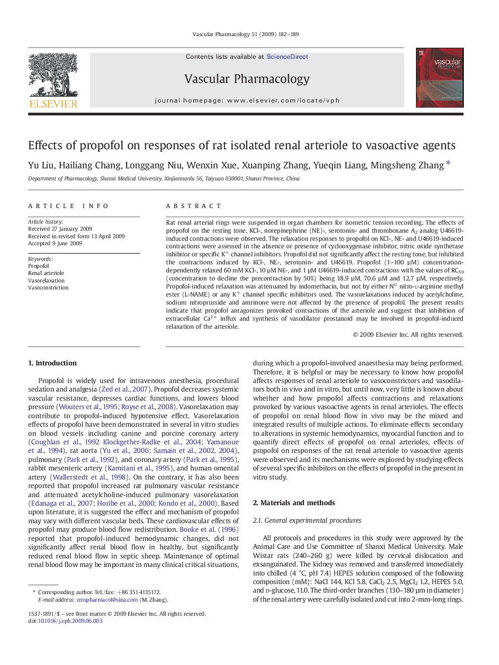 Effects of propofol on responses of rat isolated renal arteriole to vasoactive agents