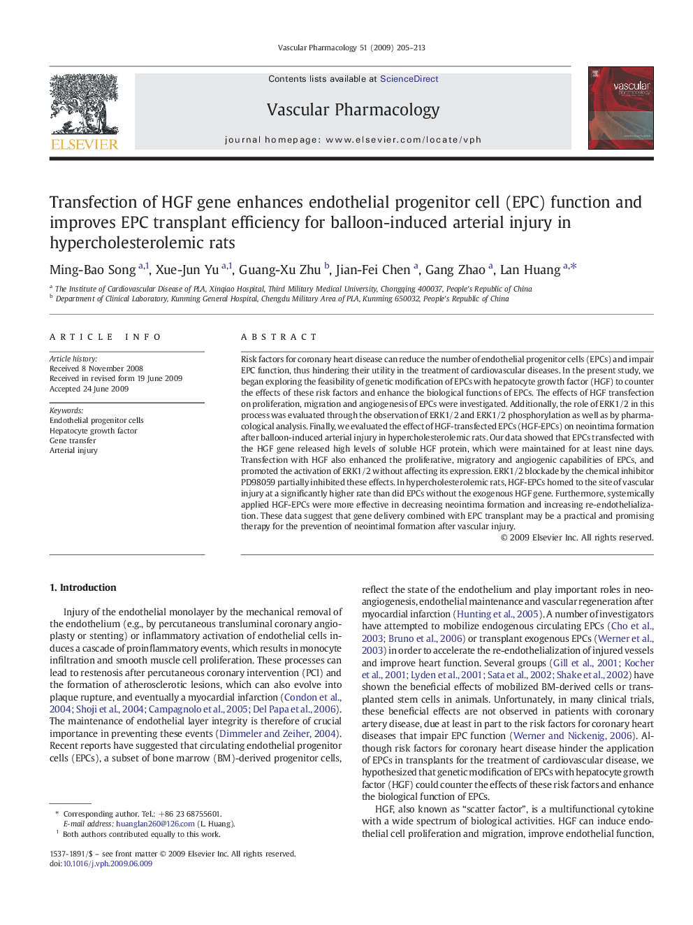 Transfection of HGF gene enhances endothelial progenitor cell (EPC) function and improves EPC transplant efficiency for balloon-induced arterial injury in hypercholesterolemic rats