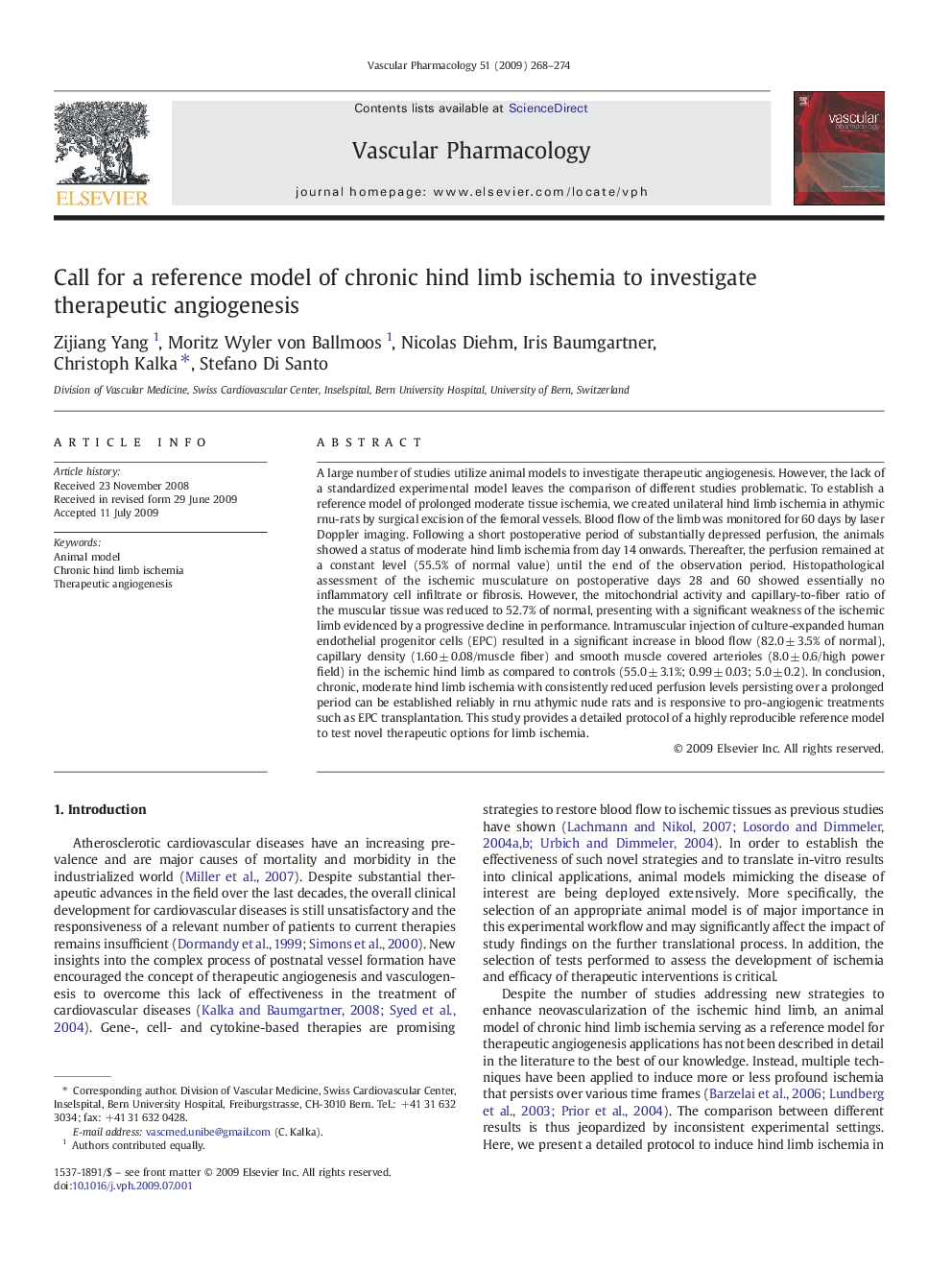 Call for a reference model of chronic hind limb ischemia to investigate therapeutic angiogenesis