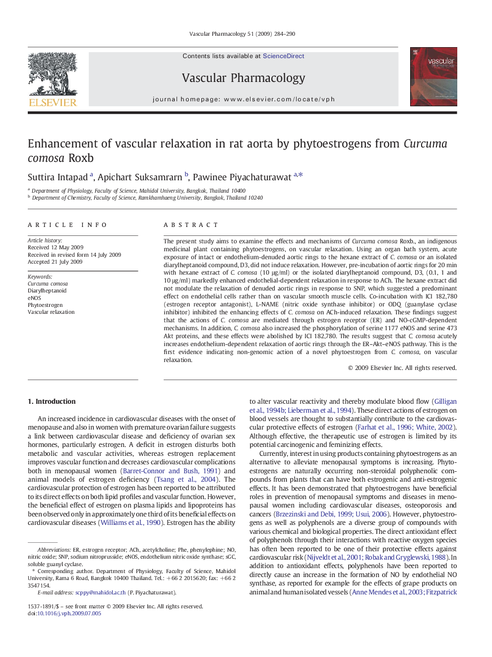 Enhancement of vascular relaxation in rat aorta by phytoestrogens from Curcuma comosa Roxb