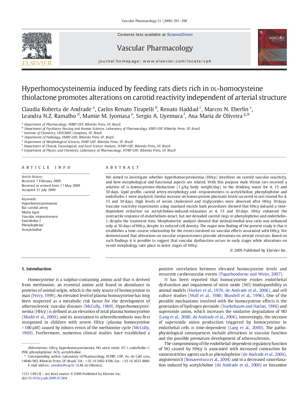 Hyperhomocysteinemia induced by feeding rats diets rich in dl-homocysteine thiolactone promotes alterations on carotid reactivity independent of arterial structure