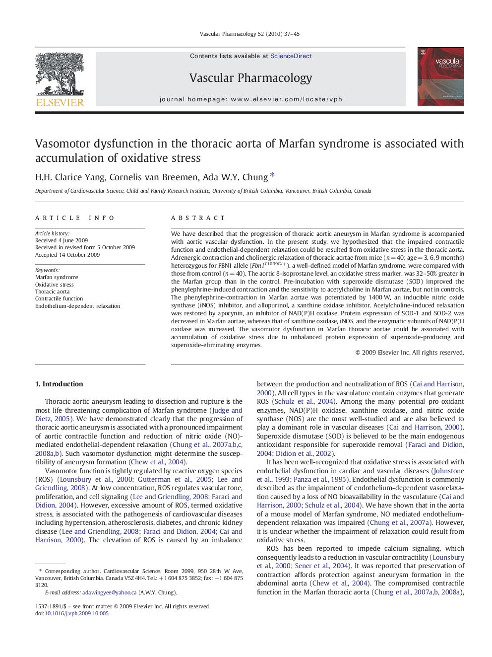 Vasomotor dysfunction in the thoracic aorta of Marfan syndrome is associated with accumulation of oxidative stress