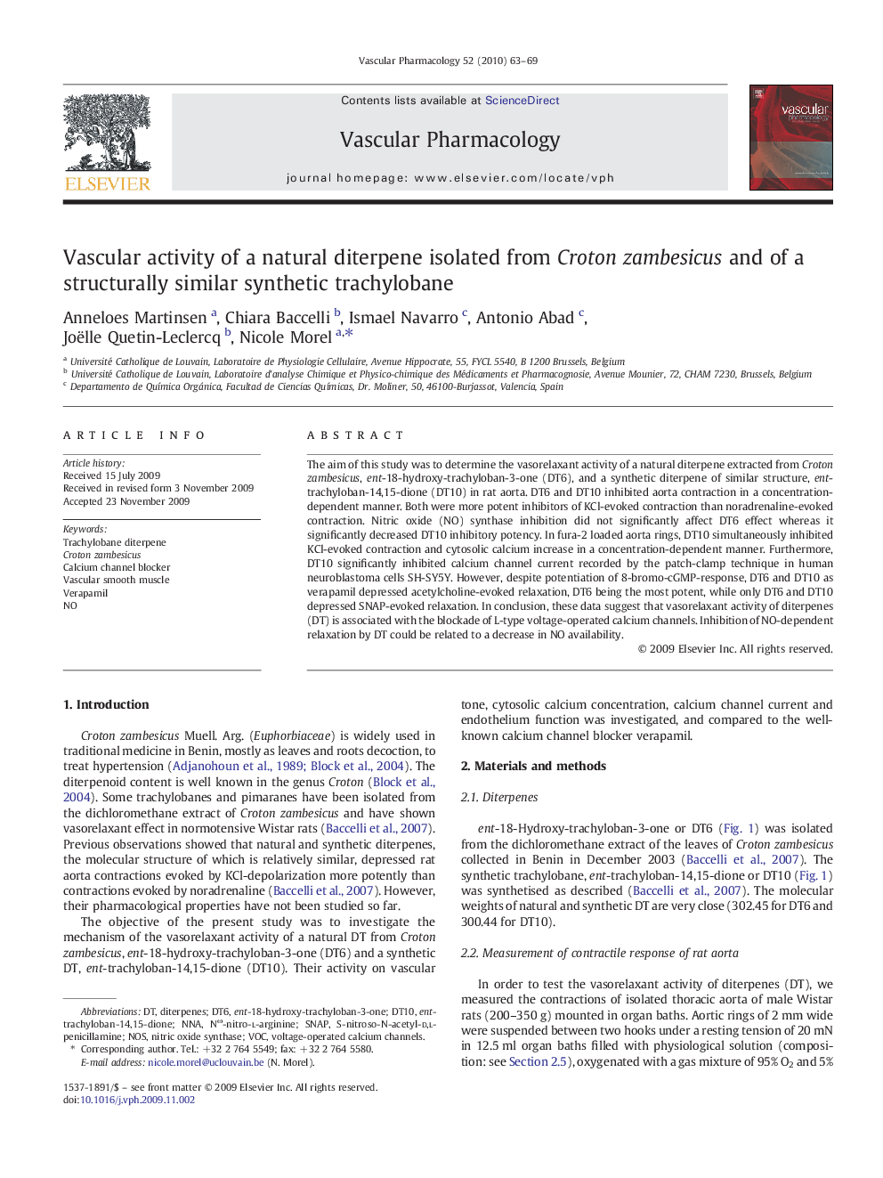 عکس صفحه اول مقاله: Vascular activity of a natural diterpene isolated from Croton zambesicus and of a structurally similar synthetic trachylobane Vascular activity of a natural diterpene isolated from Croton zambesicus and of a structurally similar synthetic trachylobane