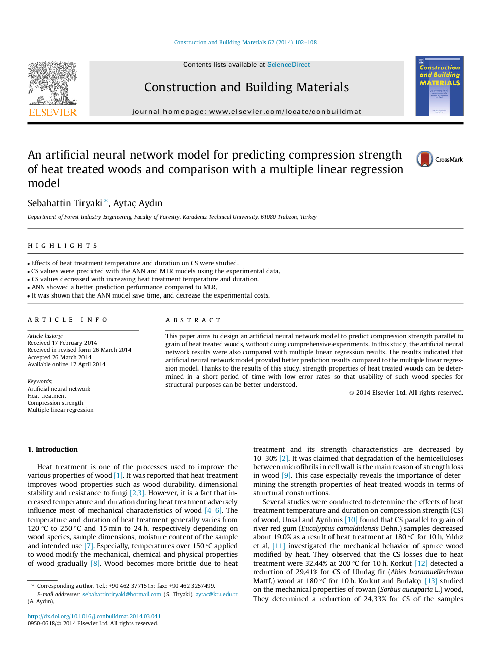 An artificial neural network model for predicting compression strength of heat treated woods and comparison with a multiple linear regression model