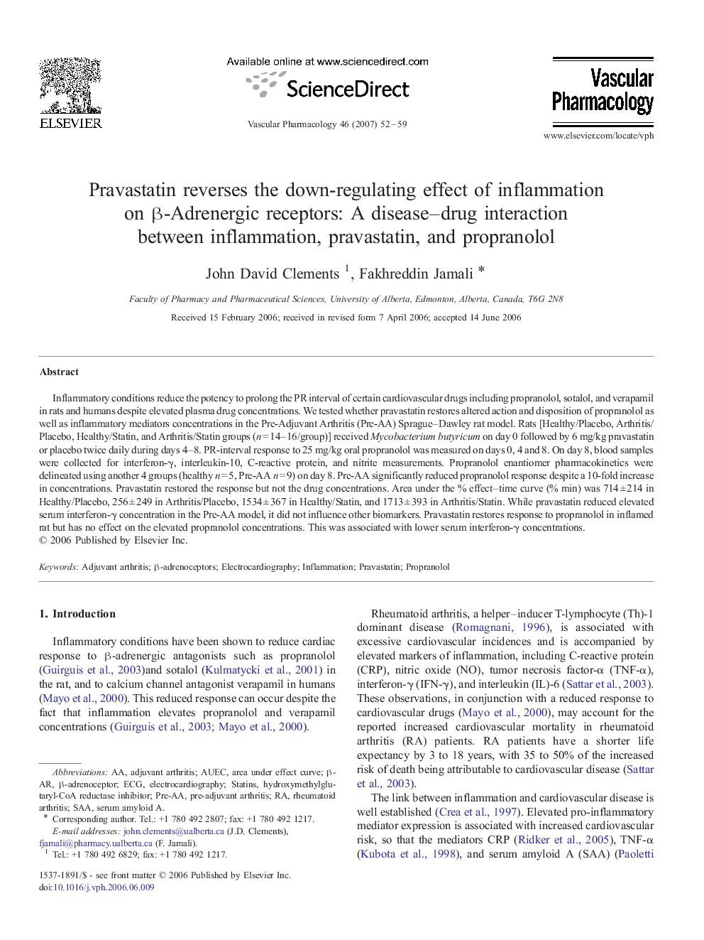 Pravastatin reverses the down-regulating effect of inflammation on β-Adrenergic receptors: A disease–drug interaction between inflammation, pravastatin, and propranolol