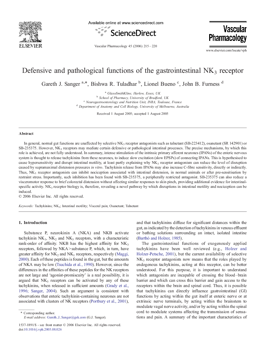 Defensive and pathological functions of the gastrointestinal NK3 receptor