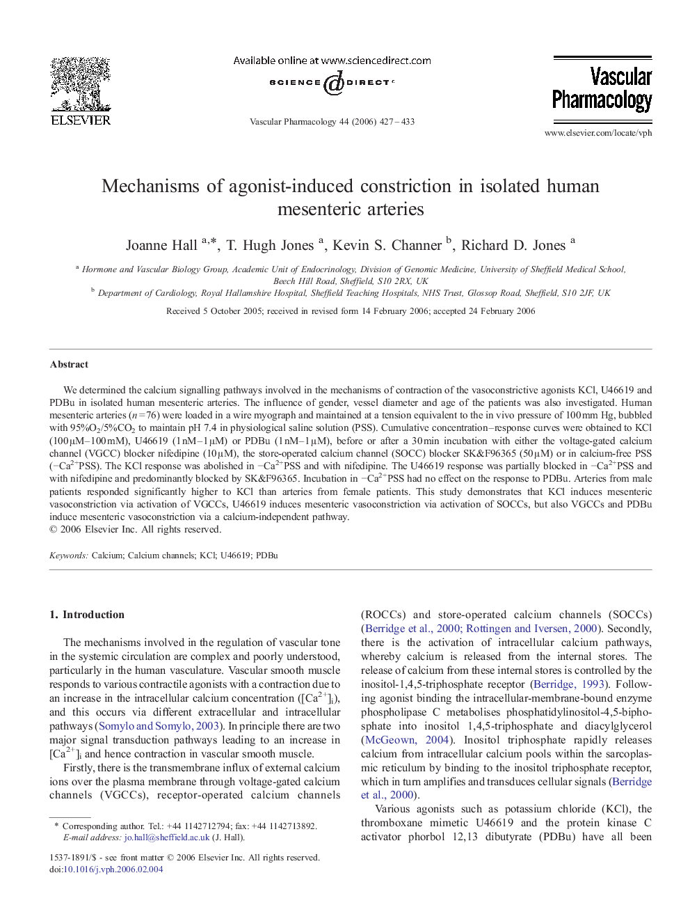 Mechanisms of agonist-induced constriction in isolated human mesenteric arteries