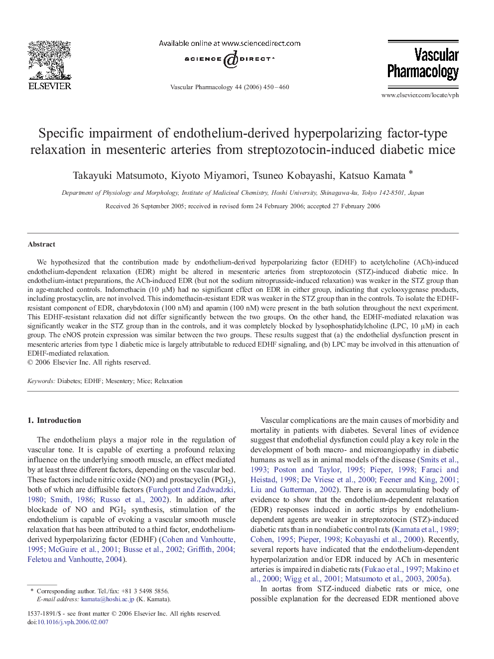 Specific impairment of endothelium-derived hyperpolarizing factor-type relaxation in mesenteric arteries from streptozotocin-induced diabetic mice