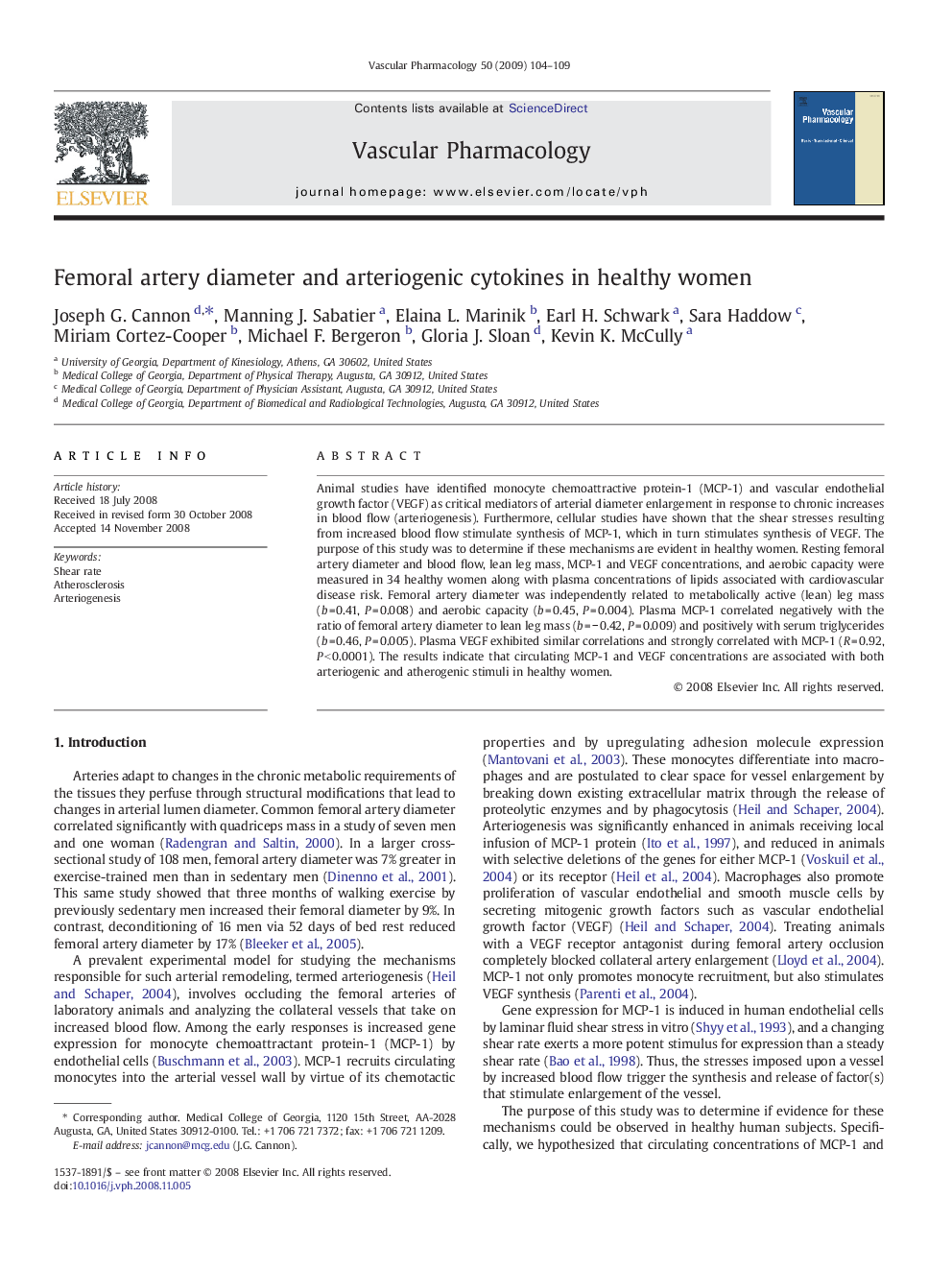 Femoral artery diameter and arteriogenic cytokines in healthy women