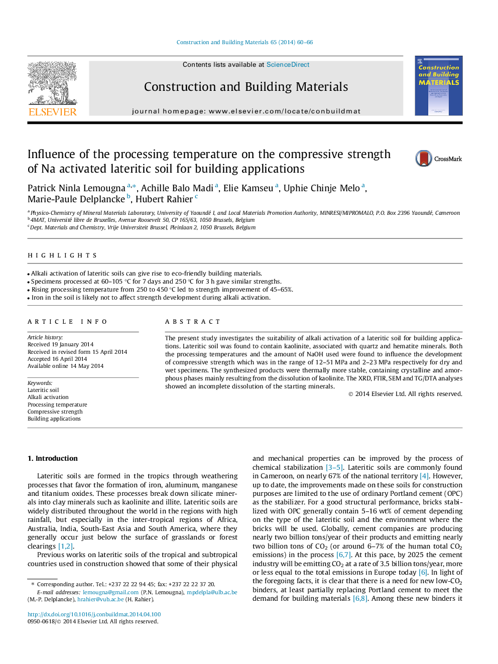 Influence of the processing temperature on the compressive strength of Na activated lateritic soil for building applications