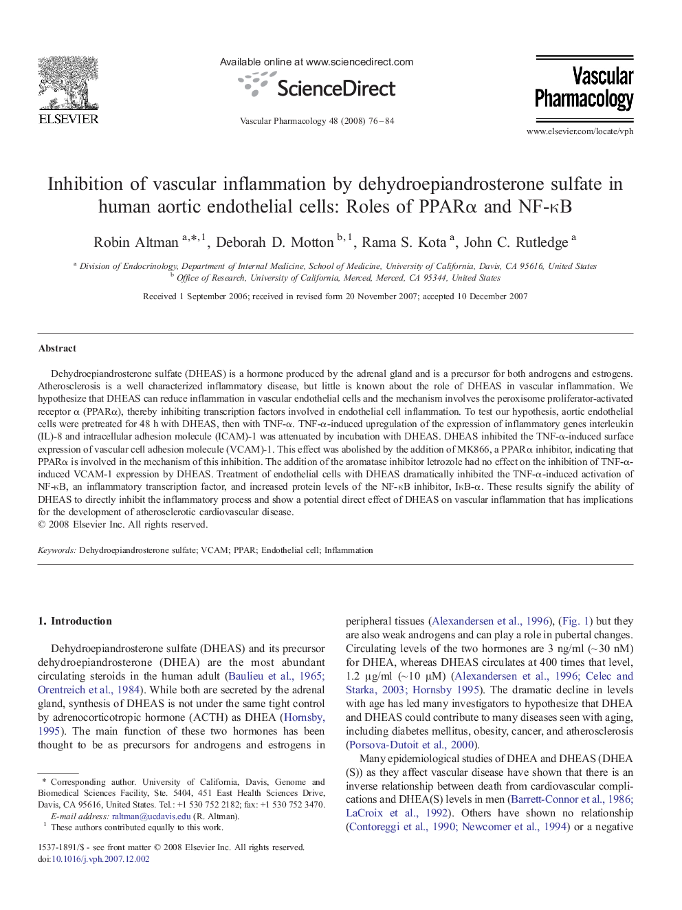 Inhibition of vascular inflammation by dehydroepiandrosterone sulfate in human aortic endothelial cells: Roles of PPARα and NF-κB