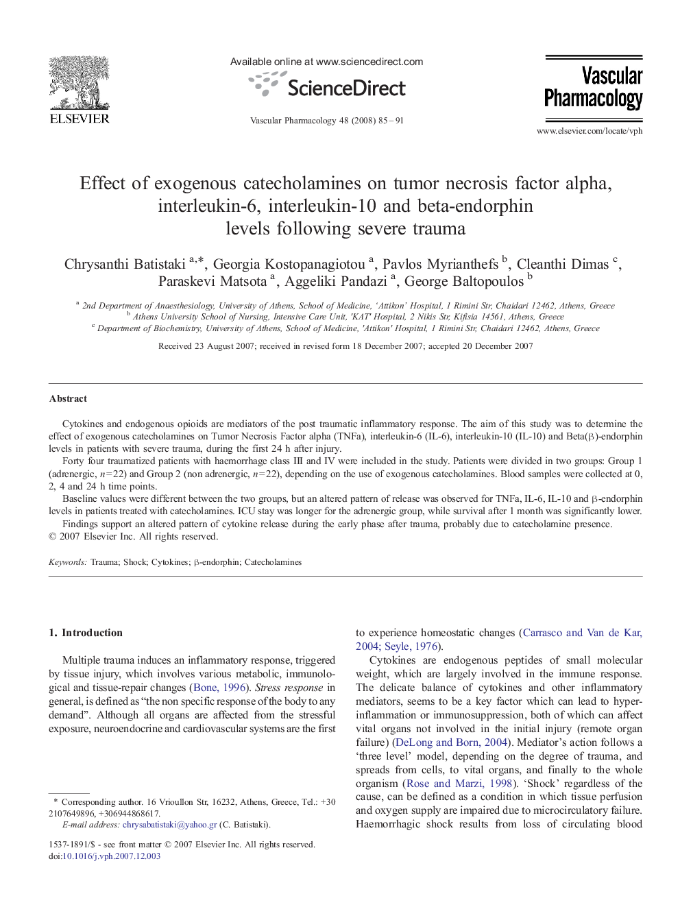 Effect of exogenous catecholamines on tumor necrosis factor alpha, interleukin-6, interleukin-10 and beta-endorphin levels following severe trauma