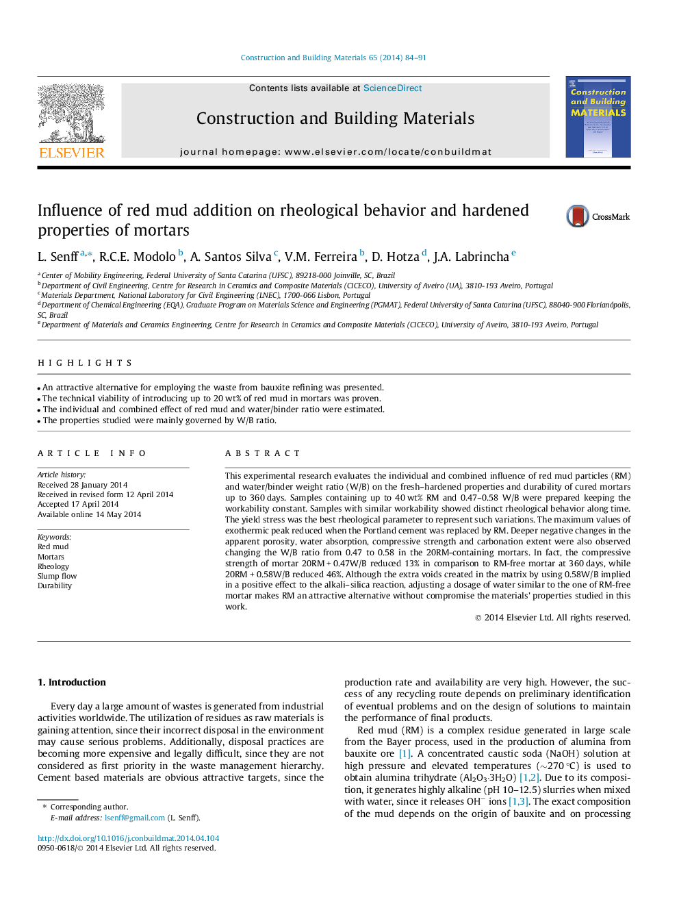 Influence of red mud addition on rheological behavior and hardened properties of mortars