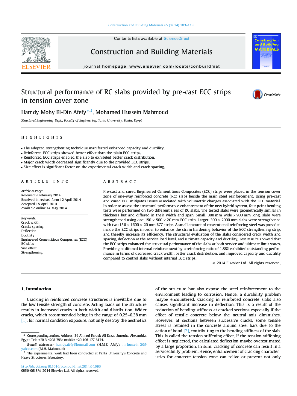 Structural performance of RC slabs provided by pre-cast ECC strips in tension cover zone