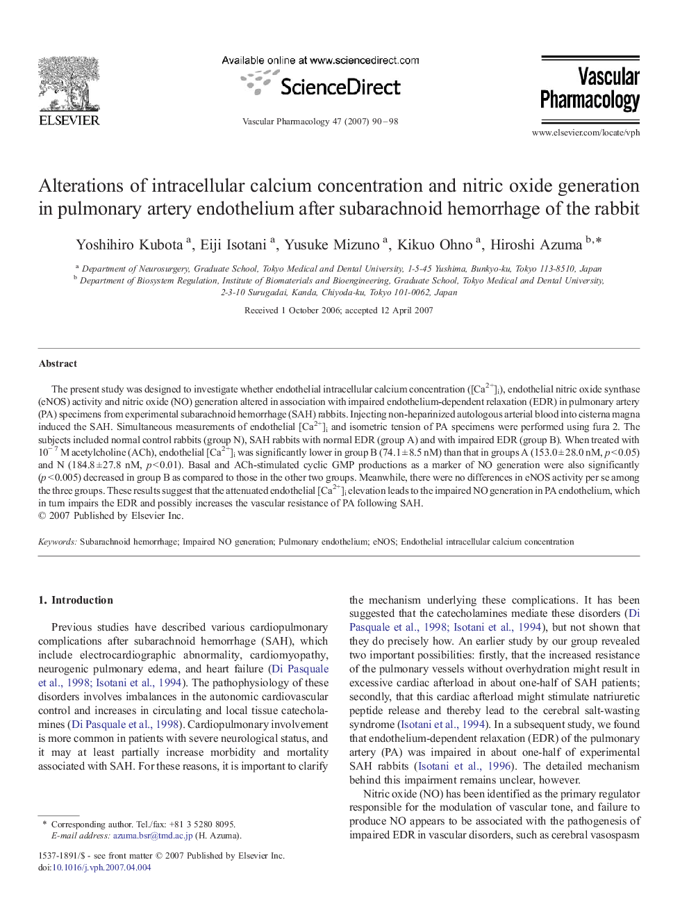 Alterations of intracellular calcium concentration and nitric oxide generation in pulmonary artery endothelium after subarachnoid hemorrhage of the rabbit