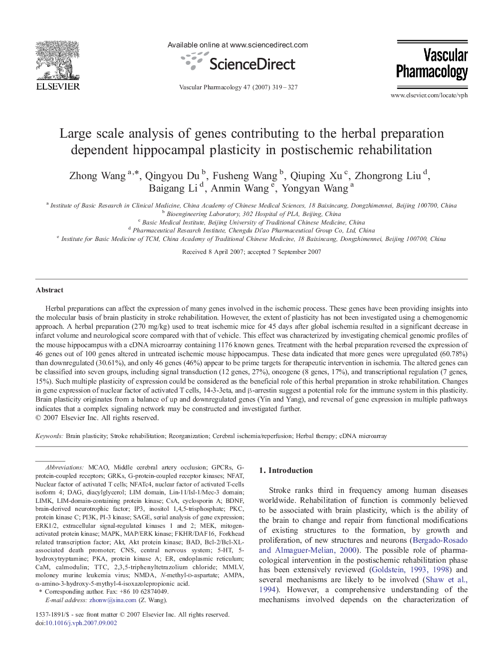 Large scale analysis of genes contributing to the herbal preparation dependent hippocampal plasticity in postischemic rehabilitation