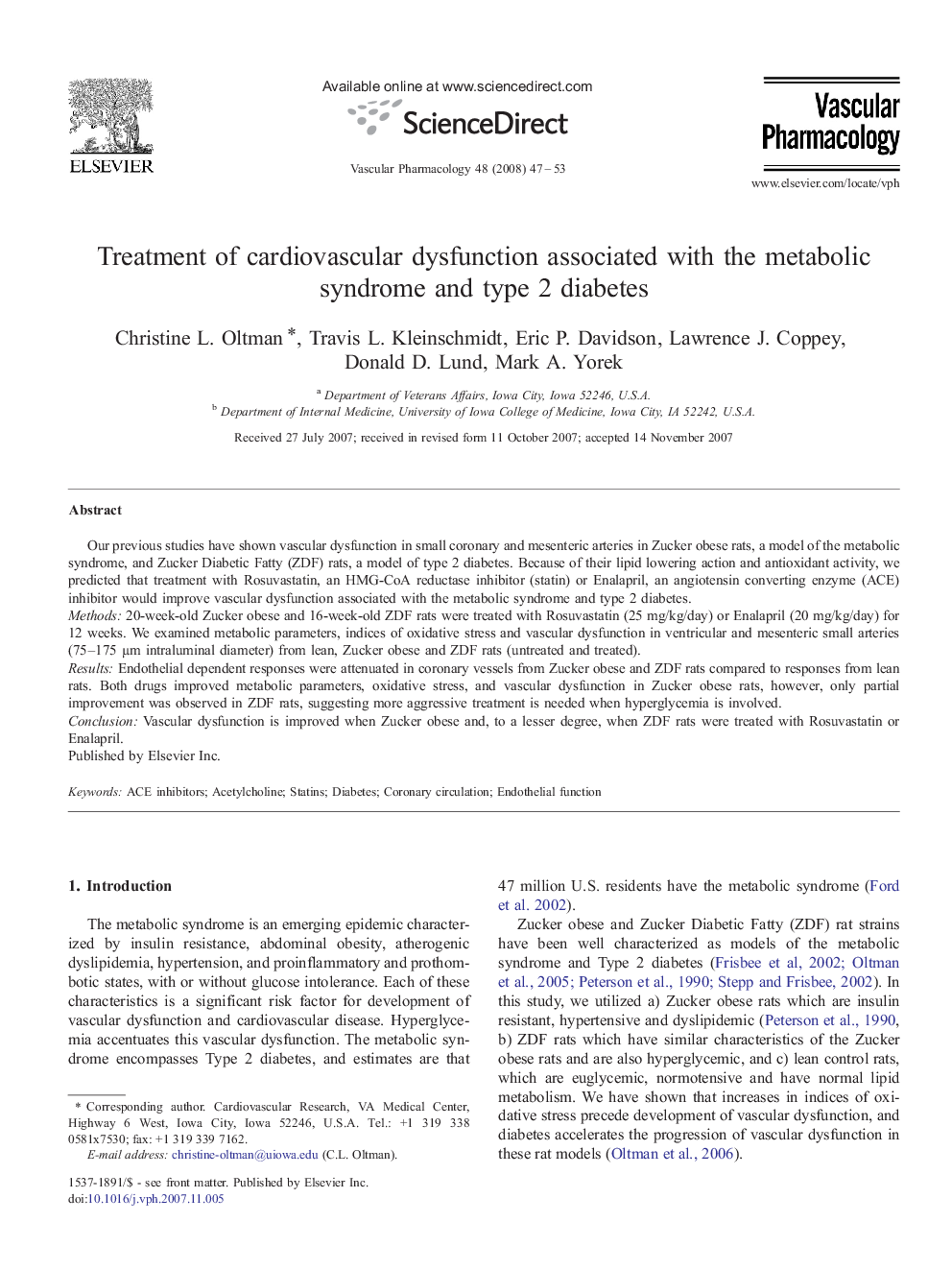 Treatment of cardiovascular dysfunction associated with the metabolic syndrome and type 2 diabetes