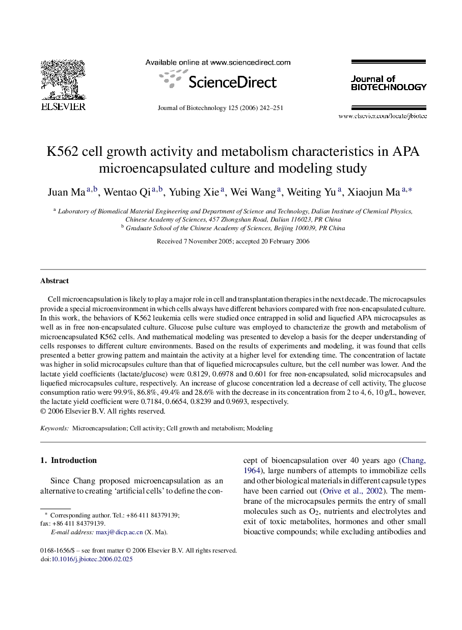 K562 cell growth activity and metabolism characteristics in APA microencapsulated culture and modeling study