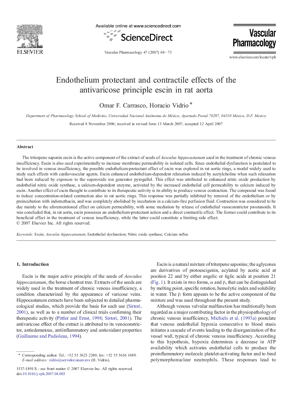 Endothelium protectant and contractile effects of the antivaricose principle escin in rat aorta