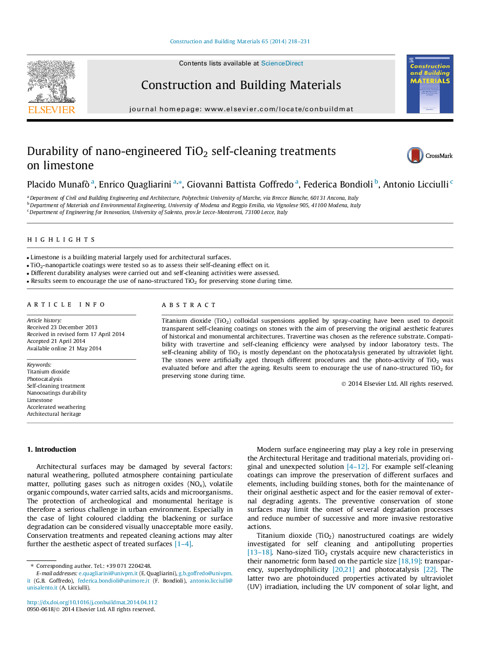 Durability of nano-engineered TiO2 self-cleaning treatments on limestone