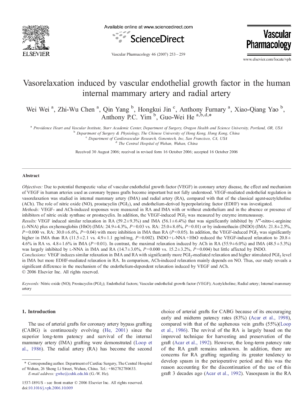 Vasorelaxation induced by vascular endothelial growth factor in the human internal mammary artery and radial artery