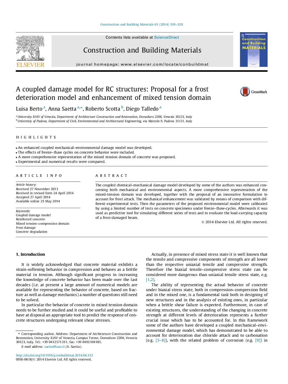 A coupled damage model for RC structures: Proposal for a frost deterioration model and enhancement of mixed tension domain