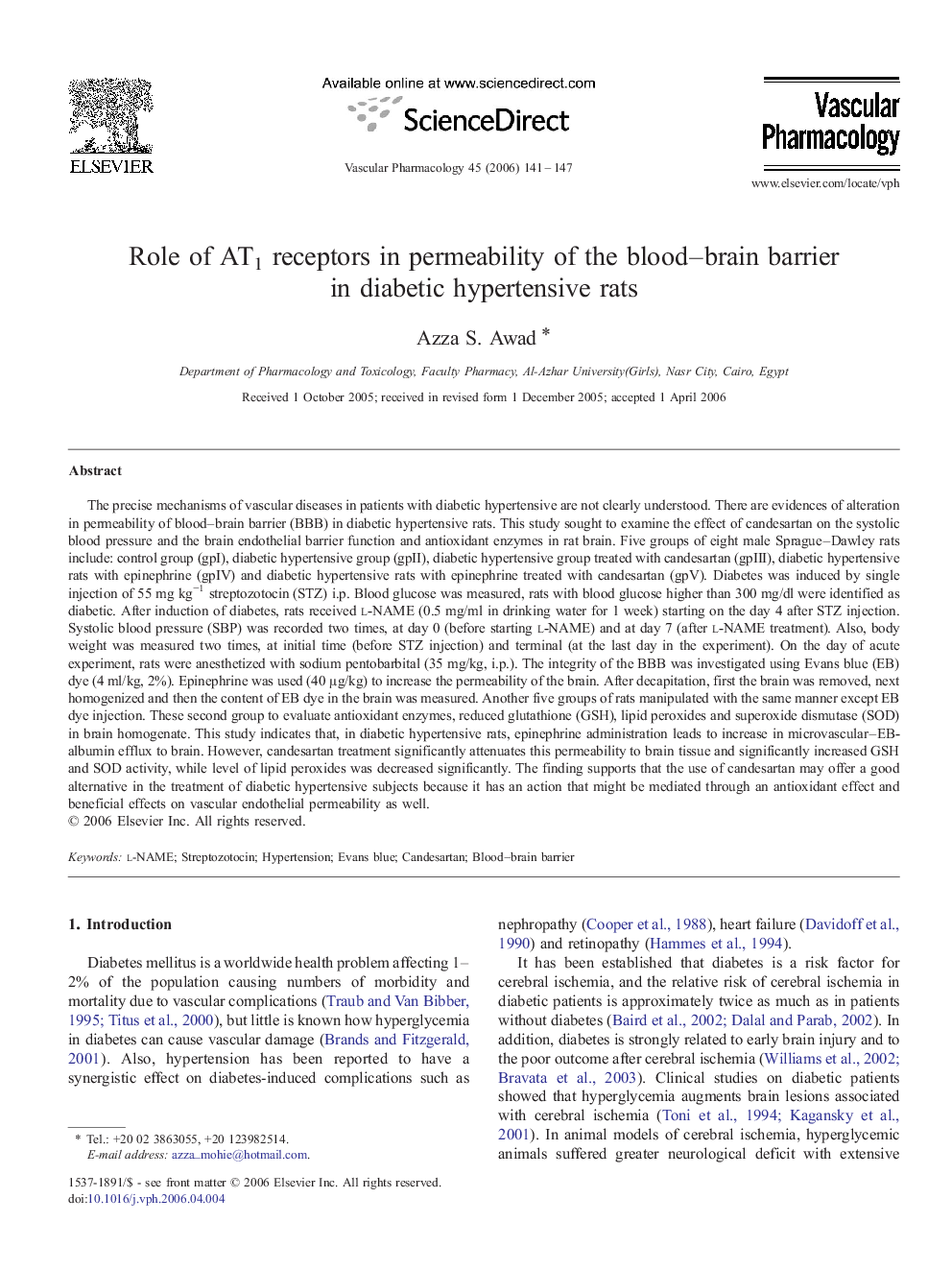 Role of AT1 receptors in permeability of the blood–brain barrier in diabetic hypertensive rats