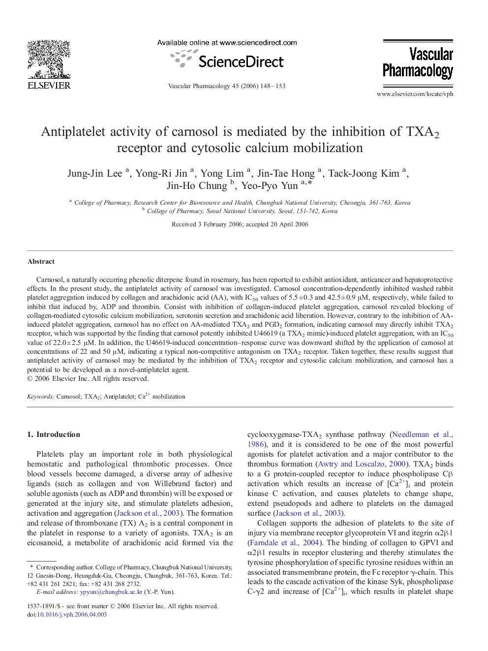 Antiplatelet activity of carnosol is mediated by the inhibition of TXA2 receptor and cytosolic calcium mobilization