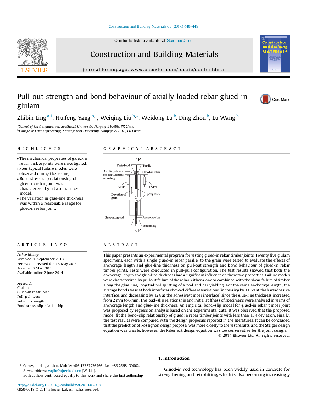 Pull-out strength and bond behaviour of axially loaded rebar glued-in glulam