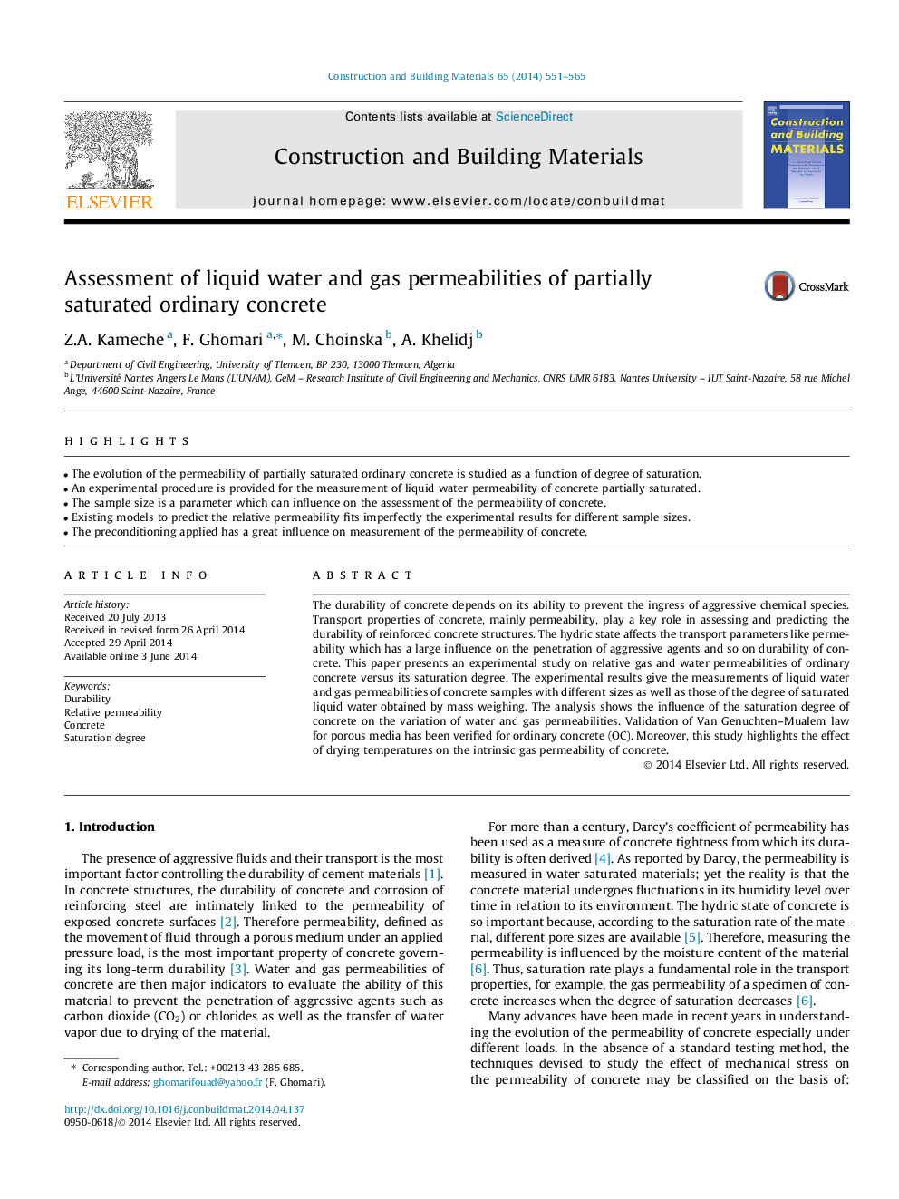 Assessment of liquid water and gas permeabilities of partially saturated ordinary concrete