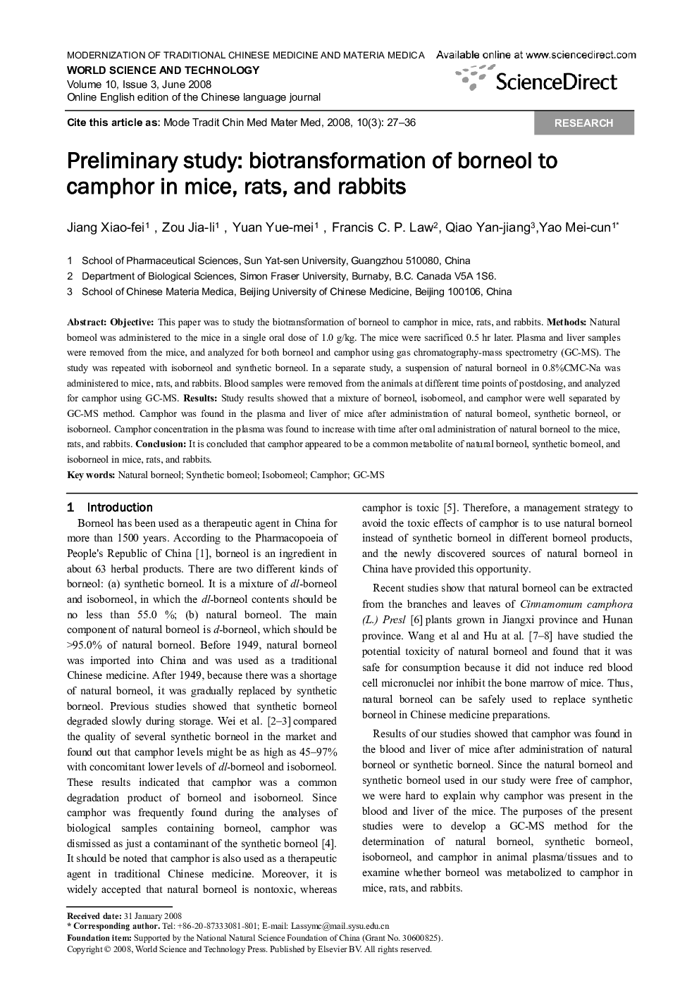 Preliminary study: biotransformation of borneol to camphor in mice, rats, and rabbits 