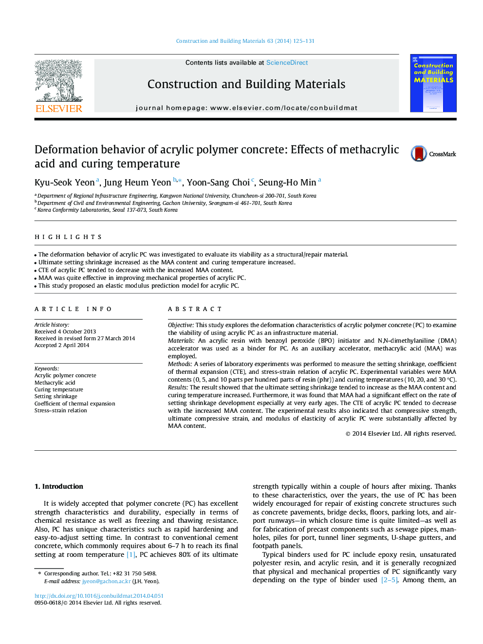 Deformation behavior of acrylic polymer concrete: Effects of methacrylic acid and curing temperature