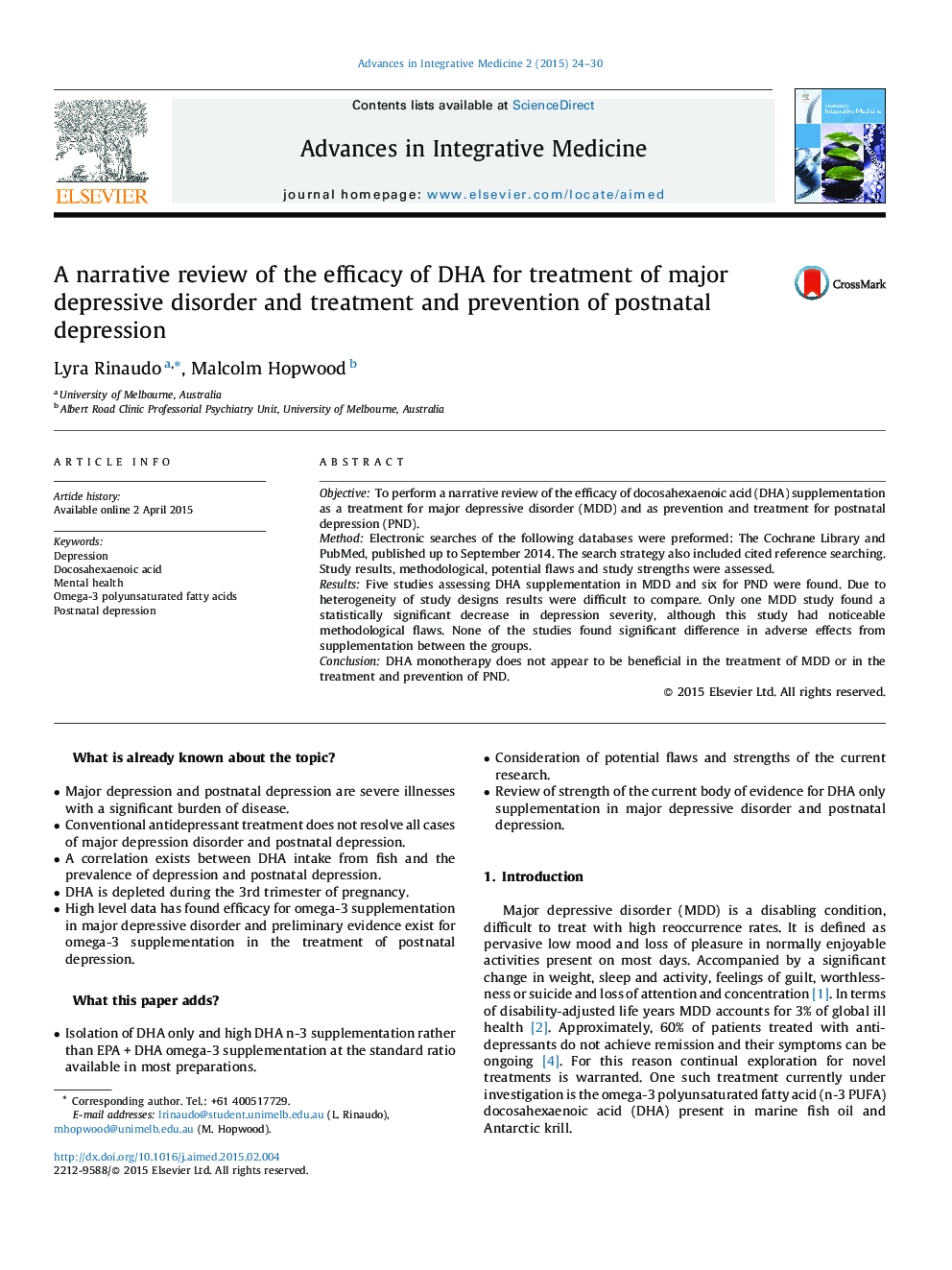 A narrative review of the efficacy of DHA for treatment of major depressive disorder and treatment and prevention of postnatal depression