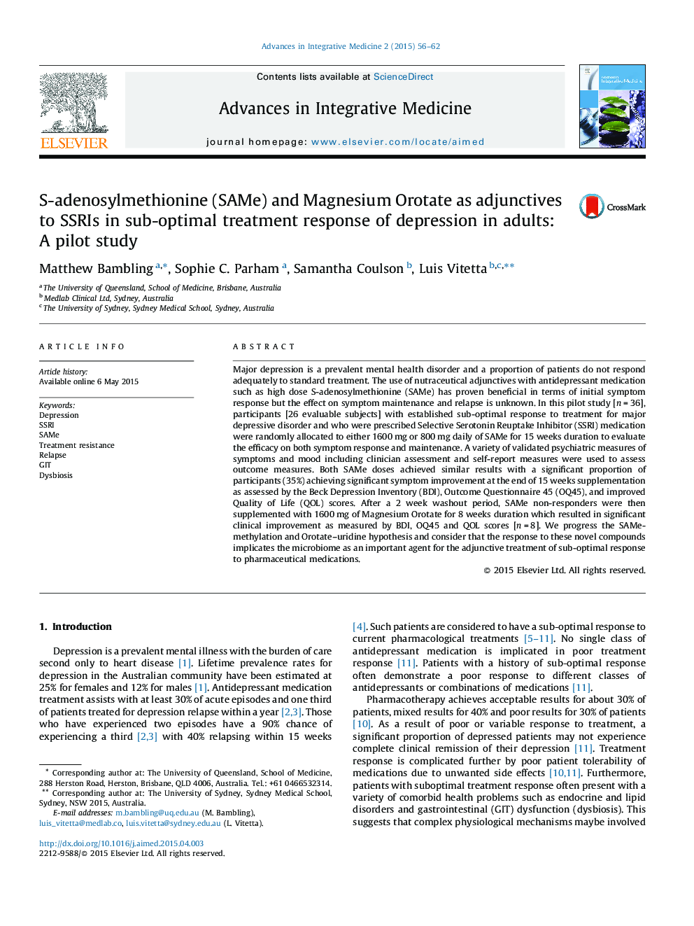 S-adenosylmethionine (SAMe) and Magnesium Orotate as adjunctives to SSRIs in sub-optimal treatment response of depression in adults: A pilot study