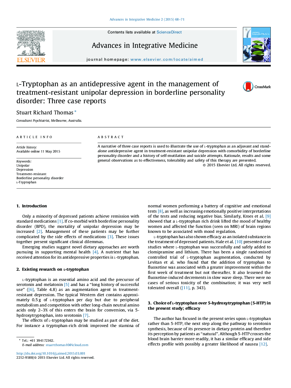 l-Tryptophan as an antidepressive agent in the management of treatment-resistant unipolar depression in borderline personality disorder: Three case reports