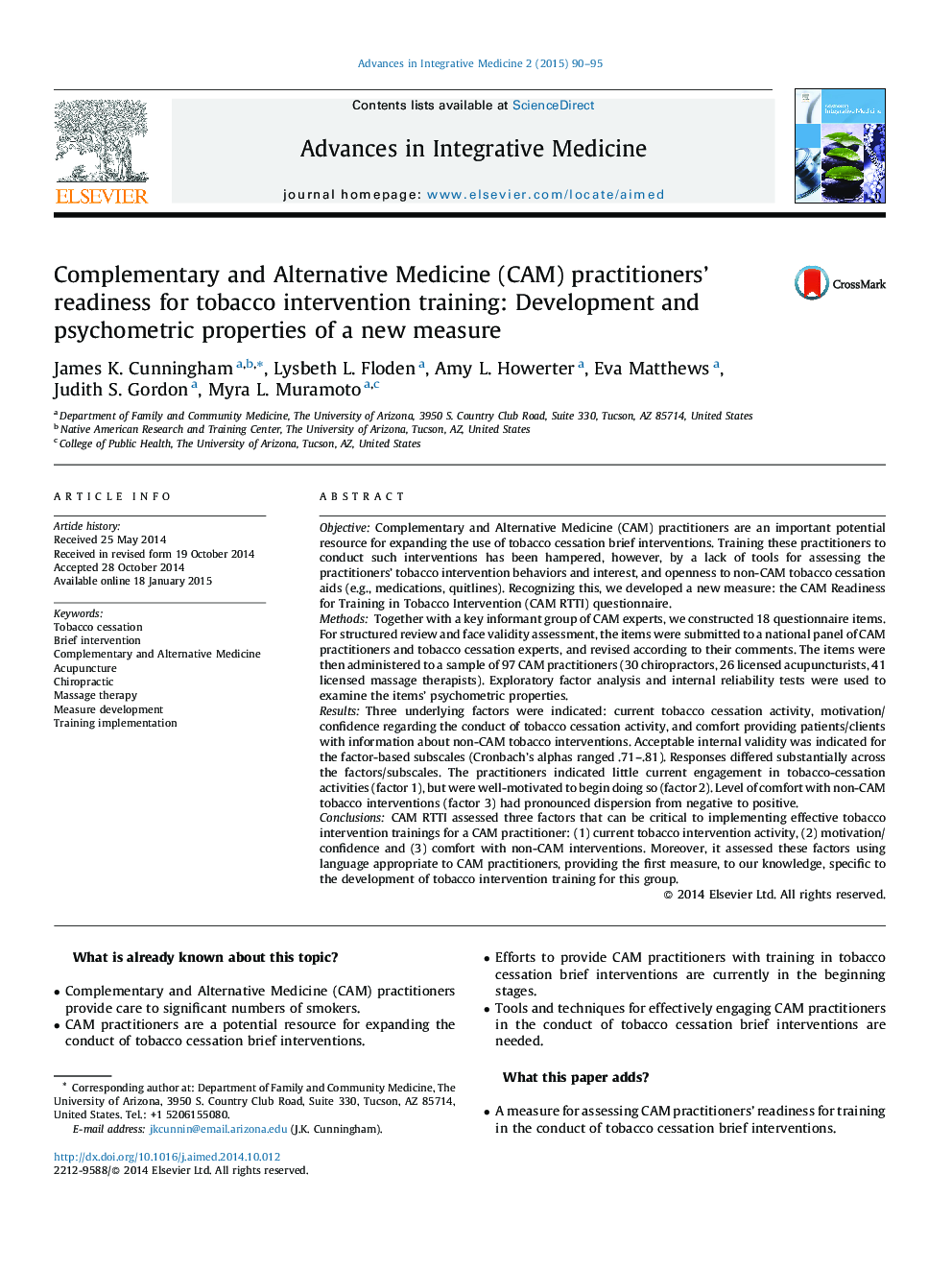 Complementary and Alternative Medicine (CAM) practitioners' readiness for tobacco intervention training: Development and psychometric properties of a new measure