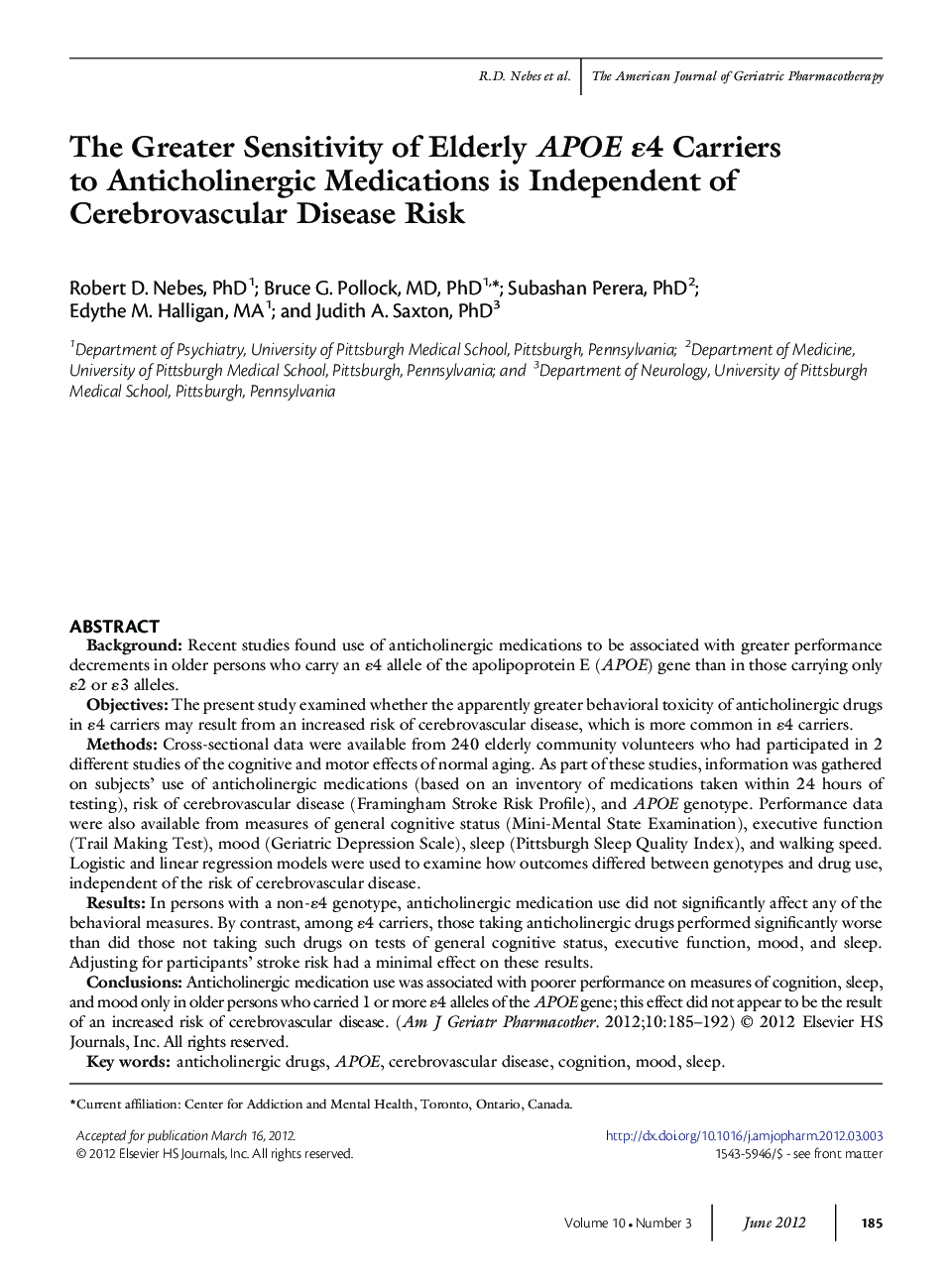 The Greater Sensitivity of Elderly APOE Îµ4 Carriers to Anticholinergic Medications is Independent of Cerebrovascular Disease Risk