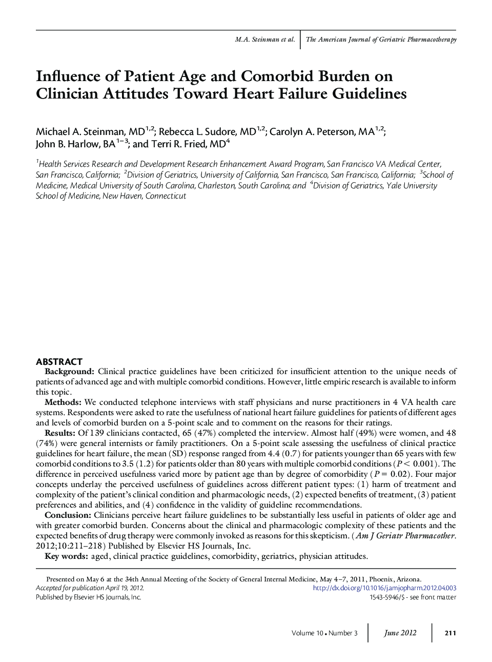 Influence of Patient Age and Comorbid Burden on Clinician Attitudes Toward Heart Failure Guidelines