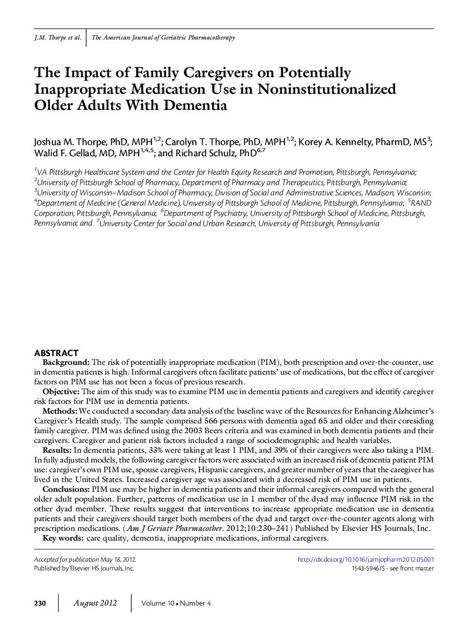 The Impact of Family Caregivers on Potentially Inappropriate Medication Use in Noninstitutionalized Older Adults With Dementia