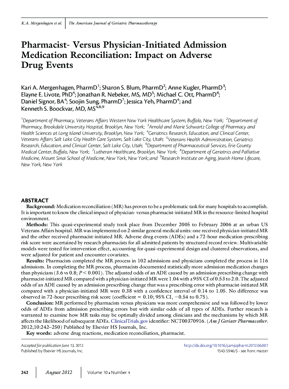 Pharmacist- Versus Physician-Initiated Admission Medication Reconciliation: Impact on Adverse Drug Events