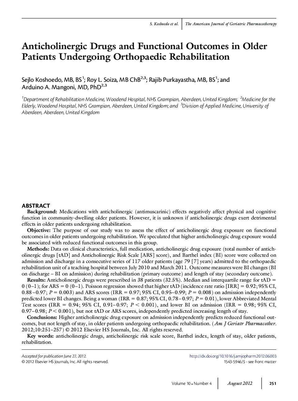 Anticholinergic Drugs and Functional Outcomes in Older Patients Undergoing Orthopaedic Rehabilitation