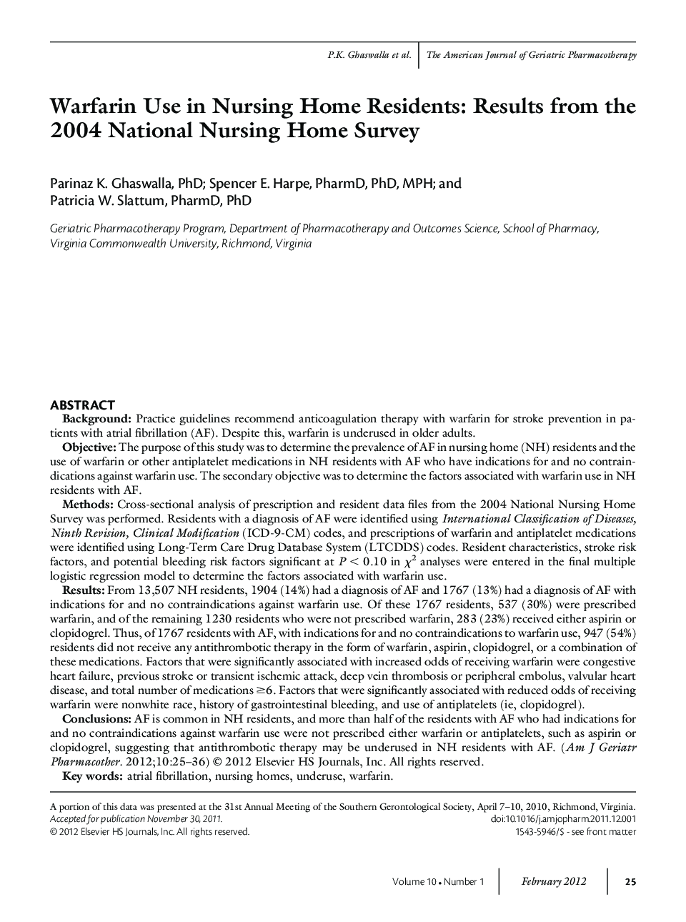 Warfarin Use in Nursing Home Residents: Results from the 2004 National Nursing Home Survey