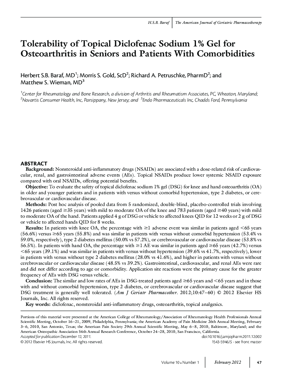 Tolerability of Topical Diclofenac Sodium 1% Gel for Osteoarthritis in Seniors and Patients With Comorbidities