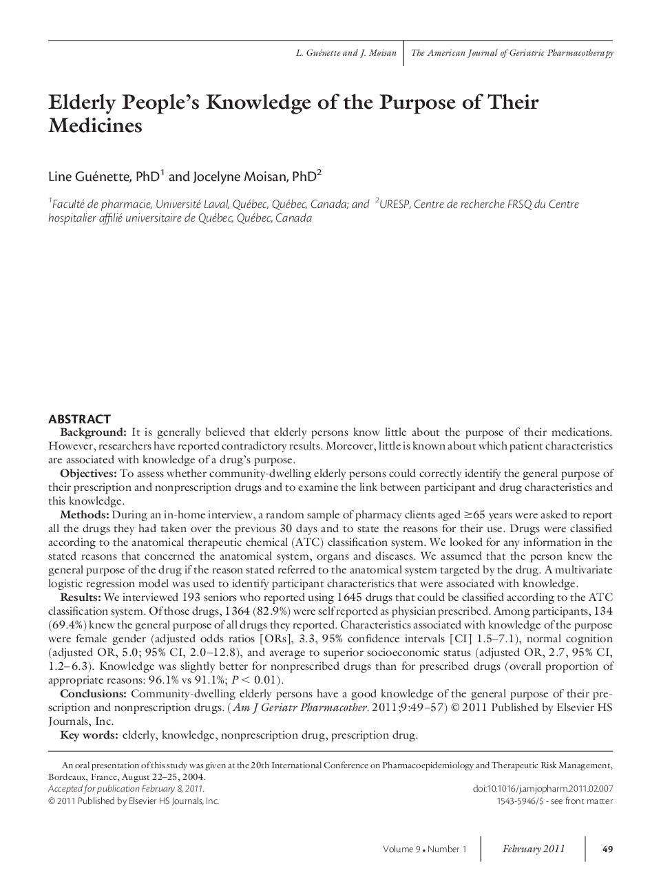 Elderly People's Knowledge of the Purpose of Their Medicines