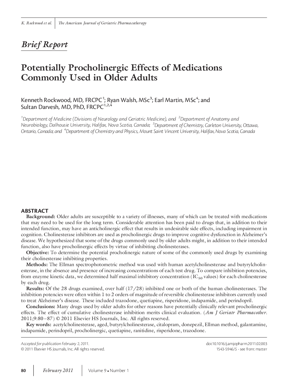 Potentially Procholinergic Effects of Medications Commonly Used in Older Adults