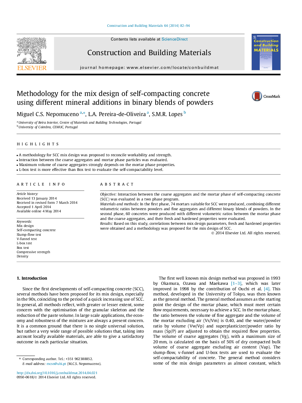 Methodology for the mix design of self-compacting concrete using different mineral additions in binary blends of powders