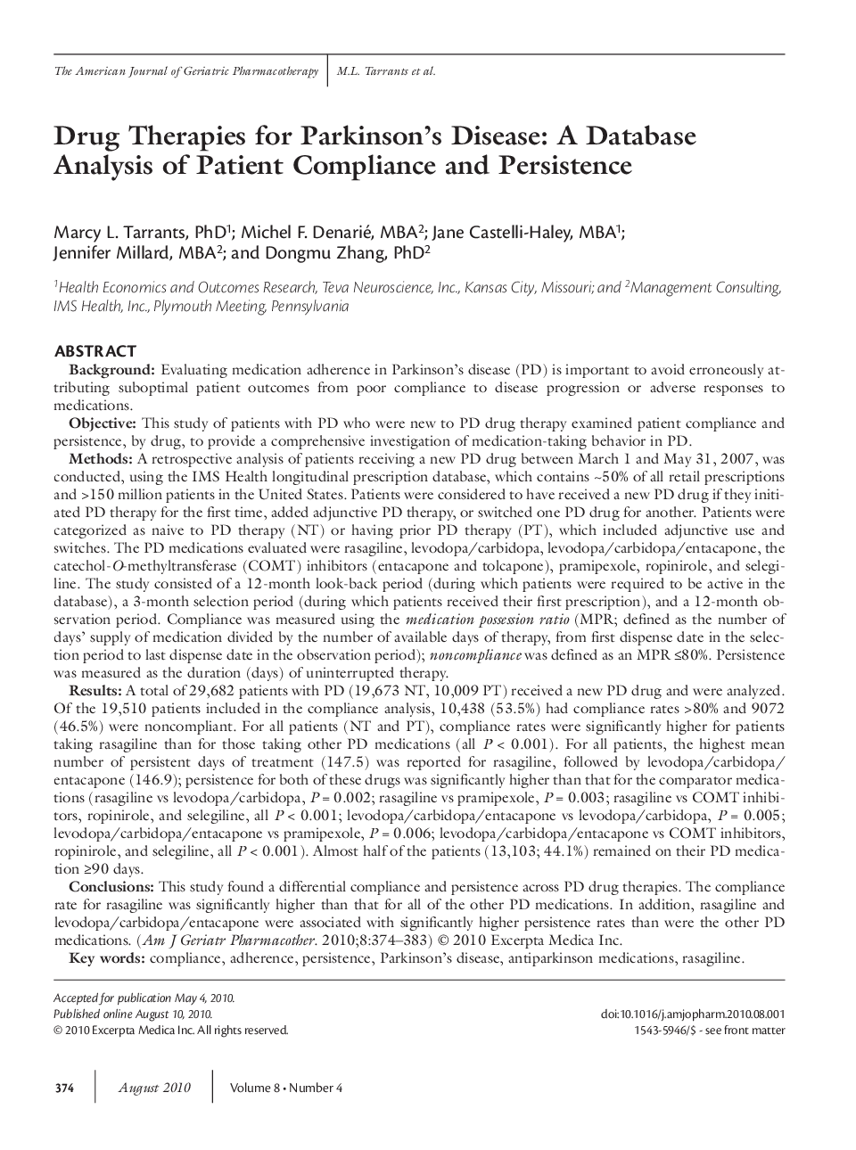 Drug therapies for Parkinson's disease: A database analysis of patient compliance and persistence