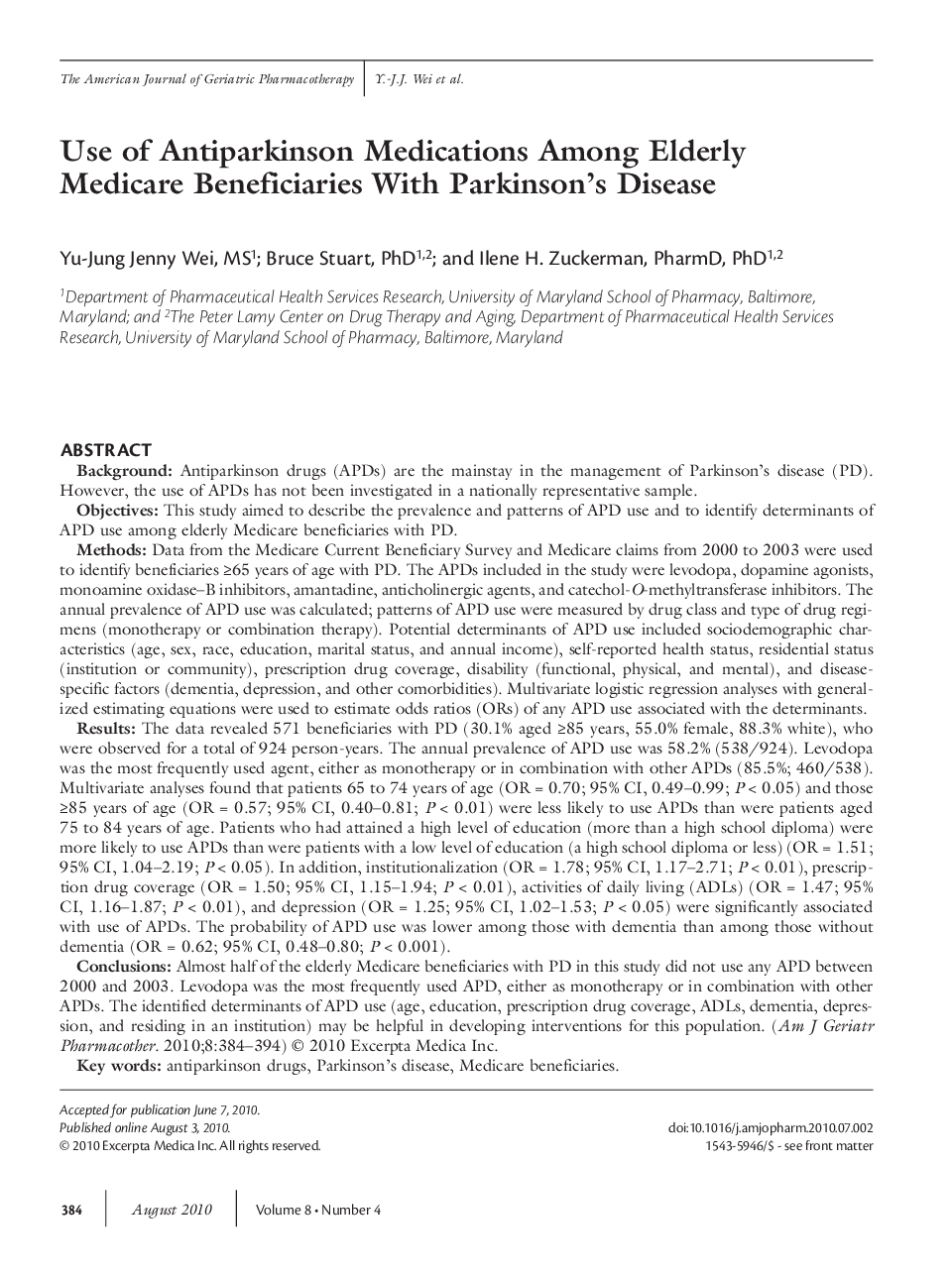 Use of antiparkinson medications among elderly Medicare beneficiaries with Parkinson's disease